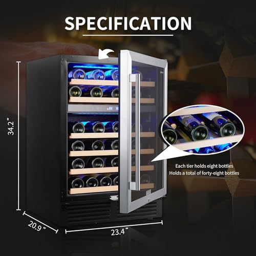 Image of 24-Inch 46 Bottle Wine Cooler Refrigerator, Built-in /Freestanding Single Zone Wine Fridge, 41-64F Adjustable Temperature, Digital Touch Control, Quiet Operation Wine Cellar for Home Bar & Commercial
