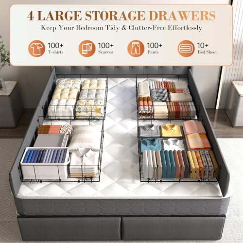 Image of Queen Size Bed Frame with 4 Storage Drawers and LED Lights, Queen Bed Frame with Upholstered Headboard and Charging Station, Steel Slat Support, No Box Spring Needed, Noise-Free, Easy Assembly, Gray