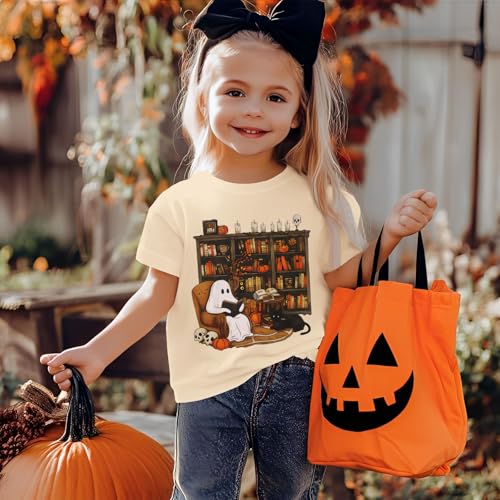 BOUTIKOME Halloween T-Shirts for Kid Girl Boy Fun Ghost Read Books Graphic Shirts Spooky Tees Short Sleeve Tops Fall Outfits2