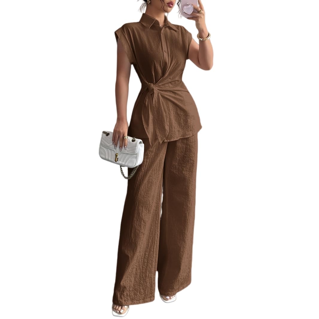 Completo da Donna In Due Pezzi Di Cotone, Composto da Camicia A Maniche Corte con Cintura In Vita E Pantaloni A Gamba Larga A Vita Alta. Set Elegante E Casual Estivo, Perfetto per L'Uffici
