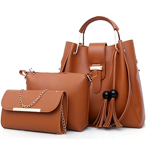 FiveloveTwo Damen 3Pcs PU Leder Tasche Set Handtasche + Schultertasche + Umhängetasche Henkeltaschen Rucksackhandtaschen Shopper Clutches Handbag Set Tote Tragetaschen Braun