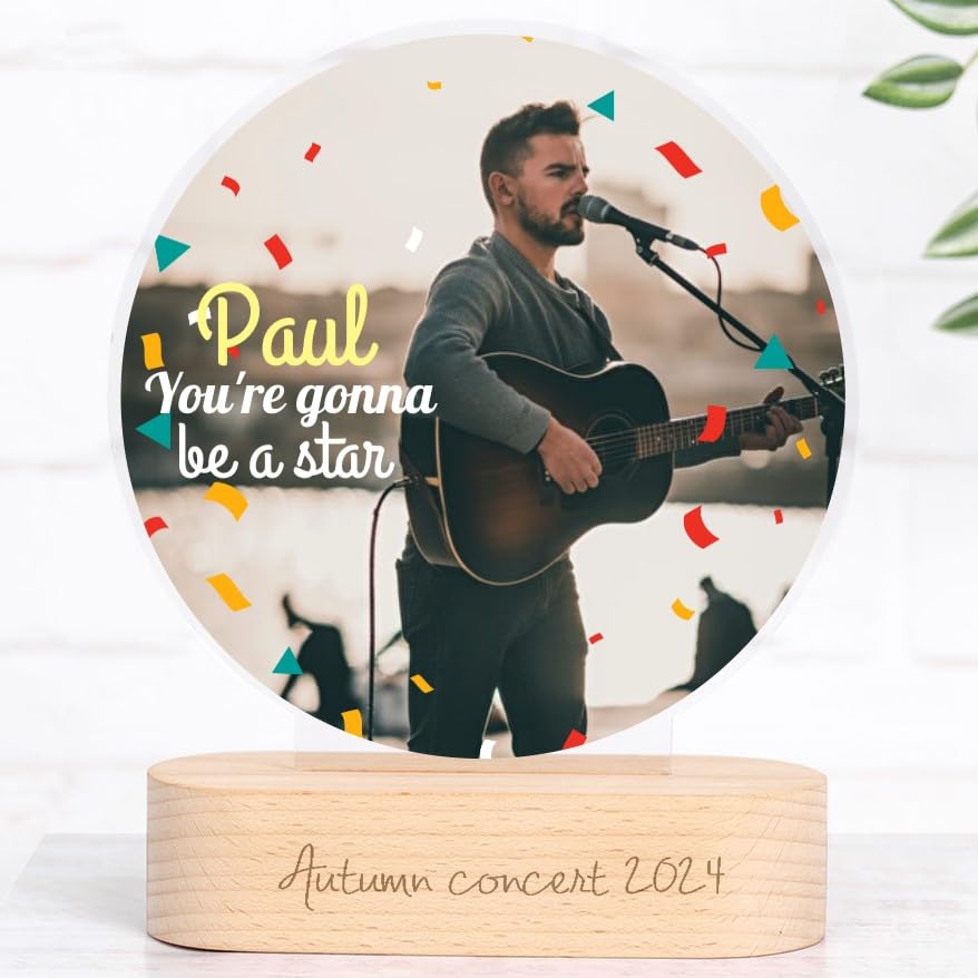Wanapix | Trofeo Personalizado con Foto y Texto | Placa de Metacrilato Impresa a Color | Base de Madera Natural Grabada | Trofeo Redondo | 100% Personalizado