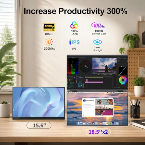 Image of Dual Portable Monitor 18.5 inch 1080P FHD HDR 360 Folding Stacked Triple Laptop Screen Extender, USB-C HDMI Second Monitor for Laptop, Mac, Windows, VESA Mountable(Driver Need)