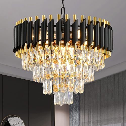 Image of Desidiya Black Mamba Modern Crystal Pendant Light 4 Tiers Black and Gold Fixtures 14 inch Round, Stainless Steel Tube Crystal Golden Finish Exqusite Design Pendant for Home and Office (500mm)