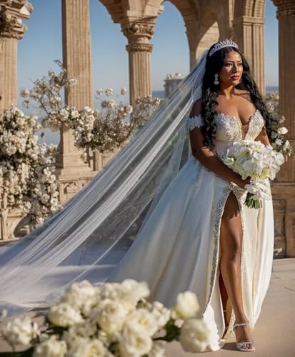 Off Shoulder Crystals Beaded Wedding Dress Mermaid Satin Long Slit Wedding Gown with Detachable Train ZDH043