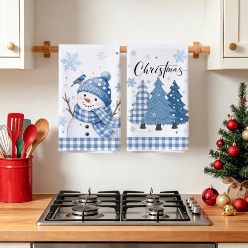 Image of Hexagram Christmas Hand Towels for Bathroom Set of 2, Christmas Bathroom Decor, Blue Snowman Pattern, Soft Hand Towels 18x28 Inches