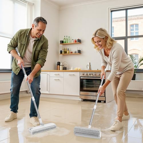 Image of 3 in 1 Floor Scrub Brush with Long Handle & Squeegee | Heavy-Duty, Adjustable, 360 Rotating Head for Cleaning Tile Bathroom Deck Kitchen Patio, White