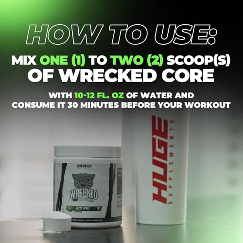 Image of Wrecked Core - All-in-One Pre-Workout Supplement for Men & Women, Increase Energy, Focus & Pumps with L-Citrulline, Beta-Alanine, L-Tyrosine & More (30 Servings) - Green Apple