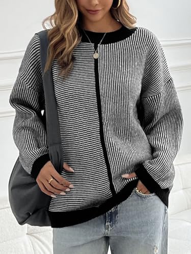 Saodimallsu Womens Striped Sweaters Oversized Winter Crew Neck Long Sleeve Ribbed Knit Trendy Pullover Tops3