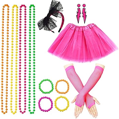 BIQIQI 80s Fancy Party Costume Accessories Set, 1980s Fancy Dress Neon Costume Accessories with Earring Bracelets Bead Necklaces Tutu Skirt Fishnet Gloves Lace Bow Headband for 80s Retro Party (Pink) Cover