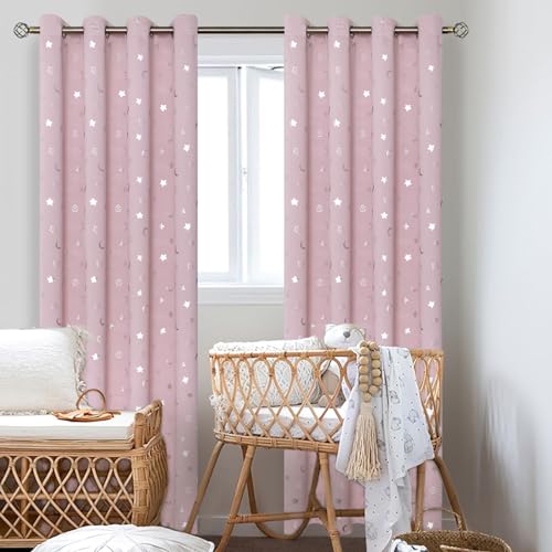 Image of BGment Pink Curtains for Girls Bedroom 84 Inch Long, Star and Moon Blackout Curtains for Kids Room, Room Darkening Thermal Insulated Window Grommet Curtains for Nursery, 52 Wide, 2 Panels, Light Pink