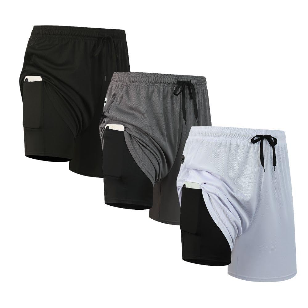 Confezione da 3 pantaloncini sportivi da uomo 2 in 1, ad asciugatura rapida, per palestra, corsa, allenamento, attività sportiva, da uomo, con tasche