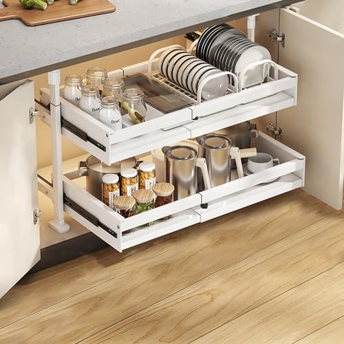 シンク下収納 キッチン収納引き出しシンク下 スライド収納 スライドレール付き 伸縮式収納バスケット 大容量 安定性 取外し可能 スリム 台所用?洗面所収納 穴開け不要 (ホワイト-2階, 幅32-56CM)