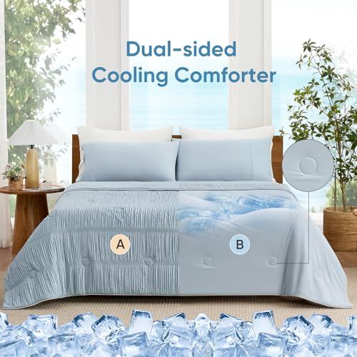 Image of Snuggle Sac Cooling Comforter Queen Size - Q-Max 0.43 Striped Cooling Blanket for Hot Sleepers&Night Sweats, Light Breathable Summer Blanket, Dual-Sided Silk-Smooth, 90x90 Inches, Haze Blue