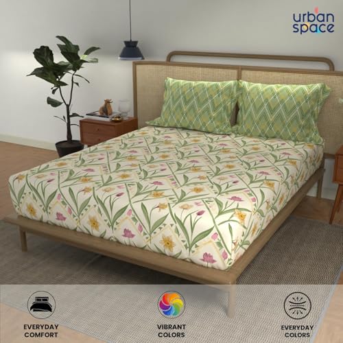 Image of Urban Space 144 TC Divine 100% Cotton Bedsheet for King Bed, Cotton Bedsheet with 2 Pillow Covers (Size 108 x 108 inches, Spring Sage Green, King Size)