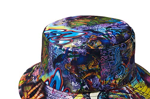 Quanhaigou Reversible 3D Graffiti Printed Bucket Sun Hat, Packable Double-Side-Wear Fisherman Outdoor Cap Summer Hip Hop Beach Hats Many Patterns Black Blue #TOP3