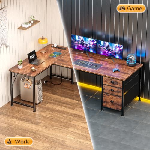 Image of Furologee 55 inch L Shaped Desk with Power Outlets & USB-C Port, Reversible Corner Office Desk with File Drawers, Work Study Gaming Table for Home Office, Dorm, Rustic Brown