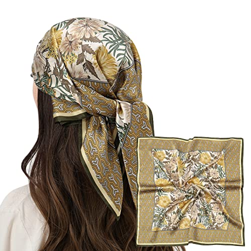 RIIQIICHY Silk Hair Scarf 27x27 Olive Green Floral