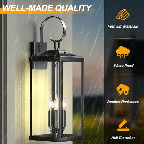 Image of 24 inch Extra Large Dusk to Dawn Exterior Lighting Fixtures, Front Porch Lights | Waterproof Outdoor Wall Lights Exterior Lighting Fixtures, Rust Proof Outside Wall Lanterns 3-Light for Garage, Black, 2-Pack