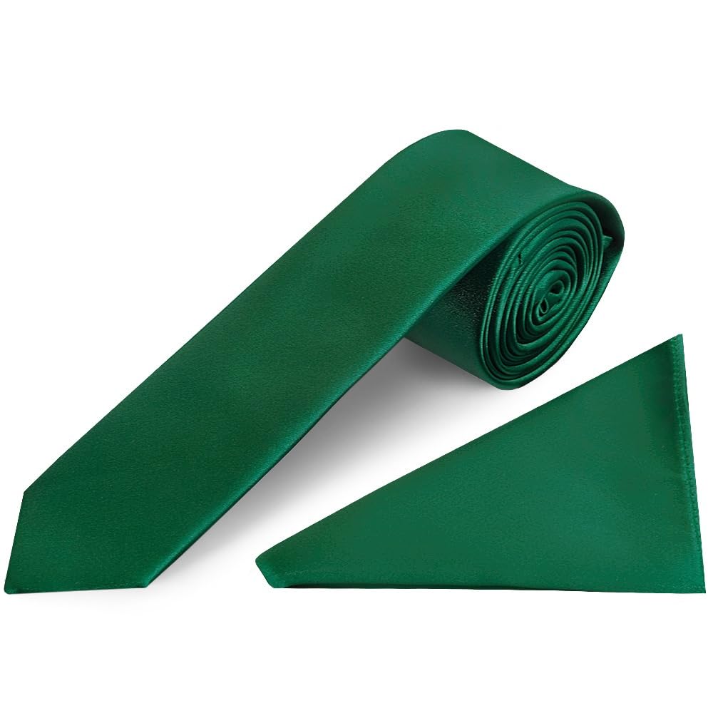 Ties R Us Men's Green Plain Forest Satin Skinny Tie And Handkerchief Set