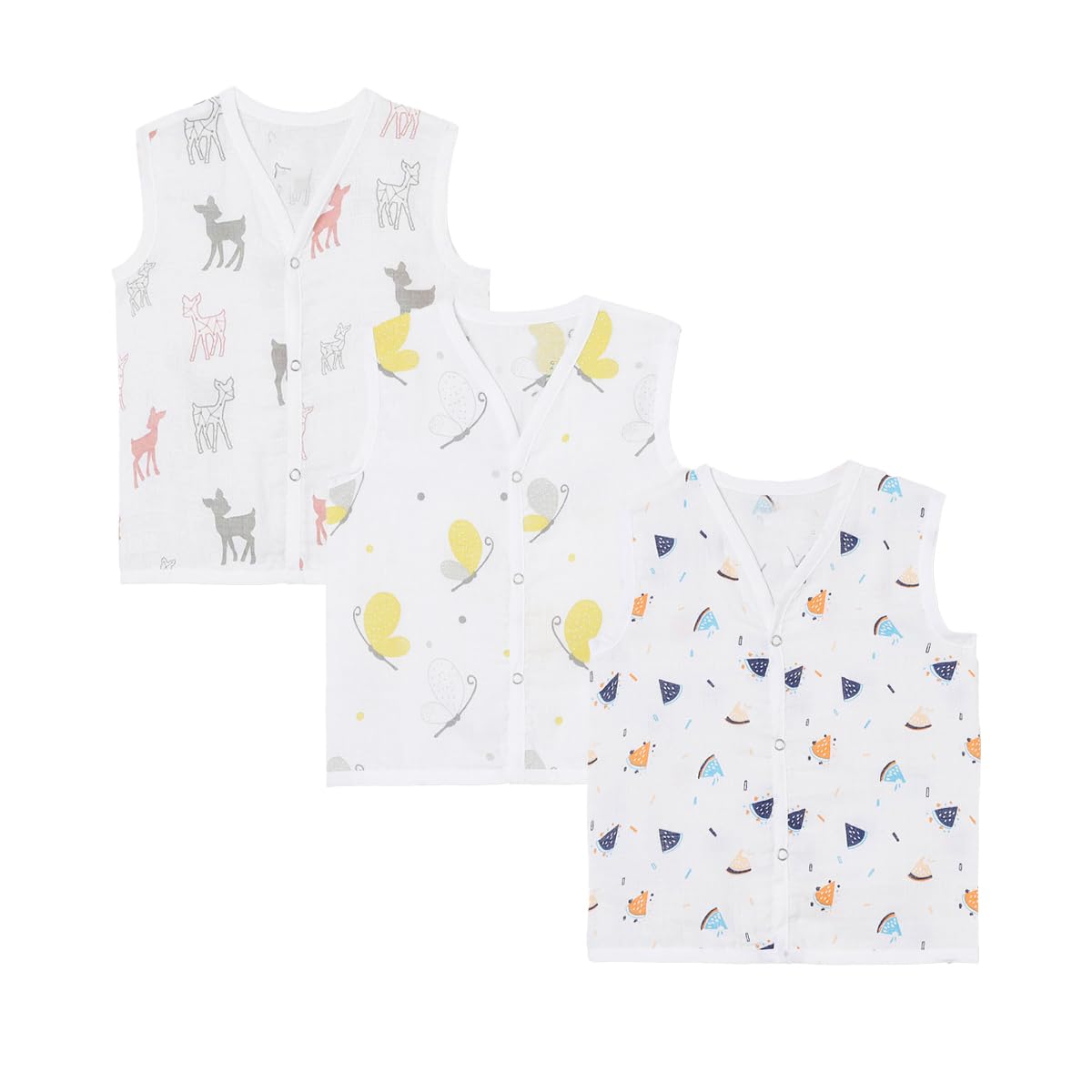 Organic Muslin Cotton Button Jabla | Pack of 3 White - Printed Jhabla| Summer Wear Jabla for Baby | Sleeveless Regular Fit Vest-image-1