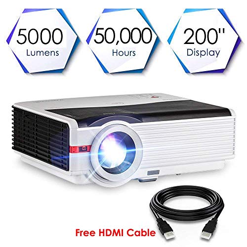 CAIWEI LED LCD Projector HD 5000 Lumens, 2018 New Updated, WXGA Home Cinema Theater Projector 1080p 720p Support, Multimedia Movie Projector With HDMI Cable Built in Speaker Remote for Laptop Smartphone Xbox TV DVD PS4
