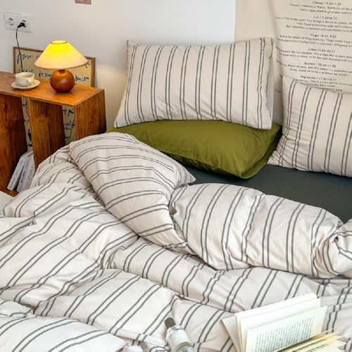 Image of Striped Duvet Cover Full Size Beige Grey Green Stripes Bedding Set 3pcs Vertical Ticking Stripes Pattern Soft Lightweight Microfiber Comforter Cover Set with Zipper Closure and 2 Pillowcases