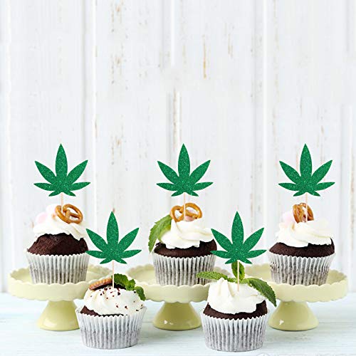 Innoru Pack Of 24 Pot Leaves Cupcake Toppers - Glitter Hemp Leaf Cake Toppers - Pot Weed Leaves 420 Birthday Baby Shower Party Supplies For Cupcake Toppers - Green #TOP4