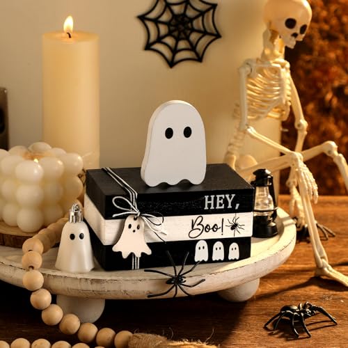 4 Pcs Halloween Ghost Table Decorations Rustic Distressed Ghost Wooden Signs Farmhouse Halloween Tiered Tray Decor Mini Book Stack Centerpiece for Home Office Desk Shelf Mantel(White) - Image 5