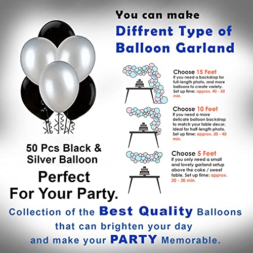 Image of Party Propz Black and Silver Balloons for Decoration - Pack of 50 Pcs Black & Silver Birthday Decoration | Metallic Balloons for Decoration | Balloons for Birthday (Latex)