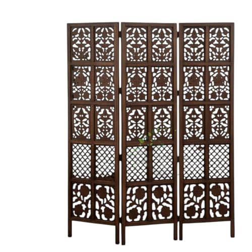 Image of Wooden Room Divider Screen | Hand Carved Partition Panel for Living Room Bedroom Office Hallway | Foldable Privacy Separator Three Panels with Stands | Home Decor Accent