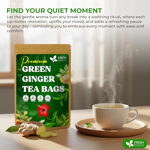 Image of FreshDrinkUS, Premium Green Ginger Tea | 75 Tea Bags | Sencha Green Tea with Ginger, Lemongrass, Turmeric, Hibiscus & Peppermint | Natural Herbal Blend | Comfort & Refreshing, Vegan