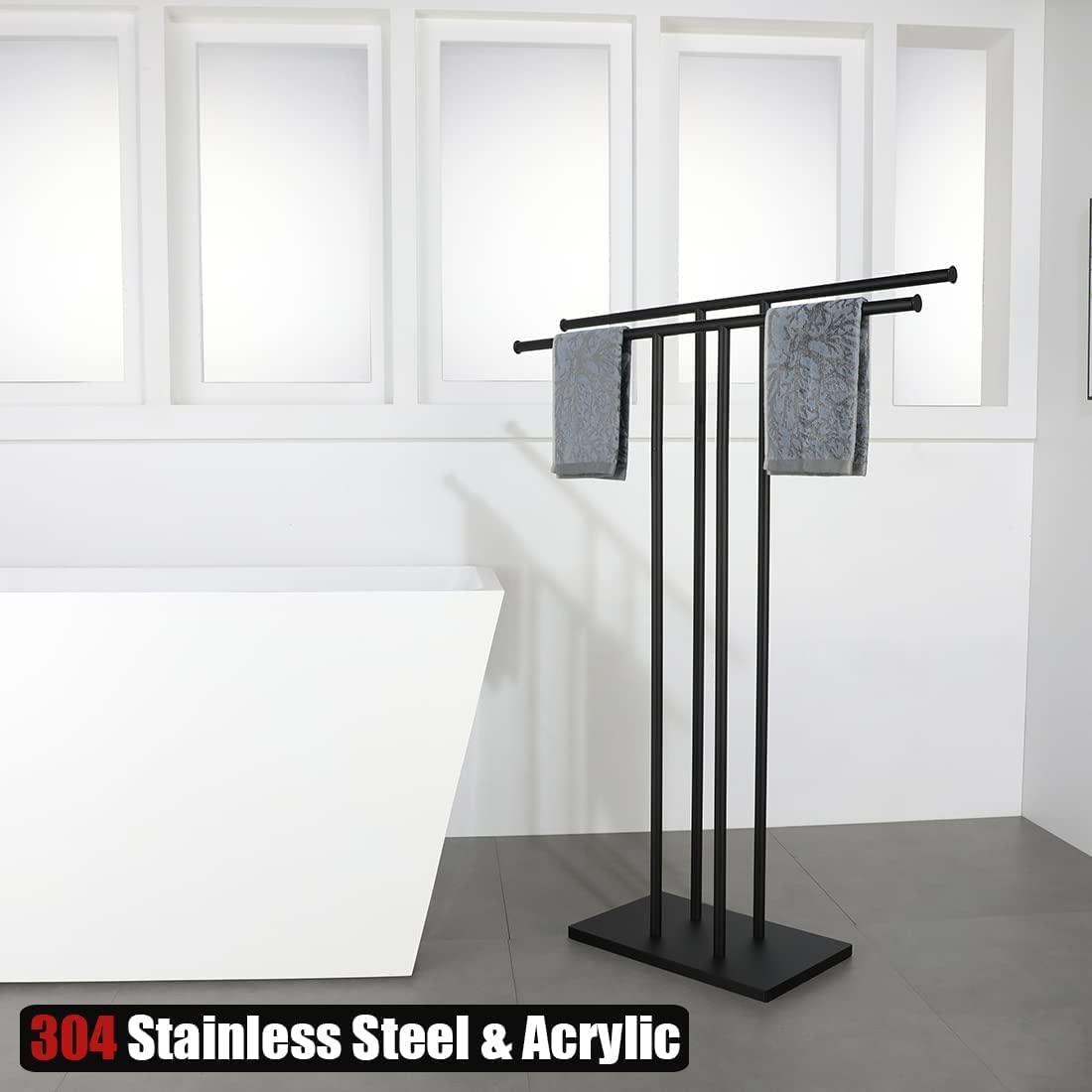 INDIAN DECOR 51312 Freestanding Bath Towel Holder Stand Black, 30 Inch Free Standing Double Towel Rack Shelf for Bathroom Floor, Matte Black 2