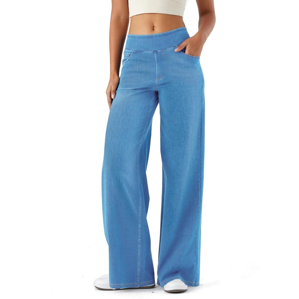 Jeans Mujer Stretch de Pierna Ancha y Recta Tiro Alto Estilo Baggy Pantalones Casual Efecto Moldeador con Bolsillos Ajuste Suelto rectos/D/M