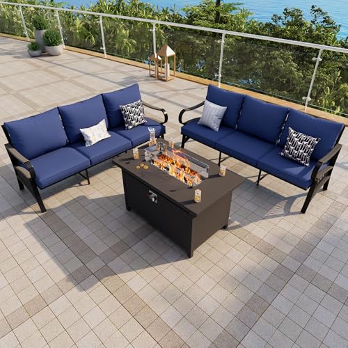 Image of Outdoor Furniture Set, Patio Conversation Set Include 2 x 3-Seater and Fire Pit Table for Deck, Porch, Garden, Backyard, Poolside (Blue, 3-Piece)