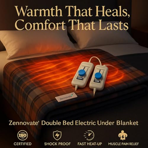 Image of Superior ISO Certified & ZED Certified Electric Under Blanket | Double Bed Size(150cmx150cm) | Shock Proof | Bed Warmer with Multiple Heat Controls (Body, Foot, High, Low) |10 Year Warranty