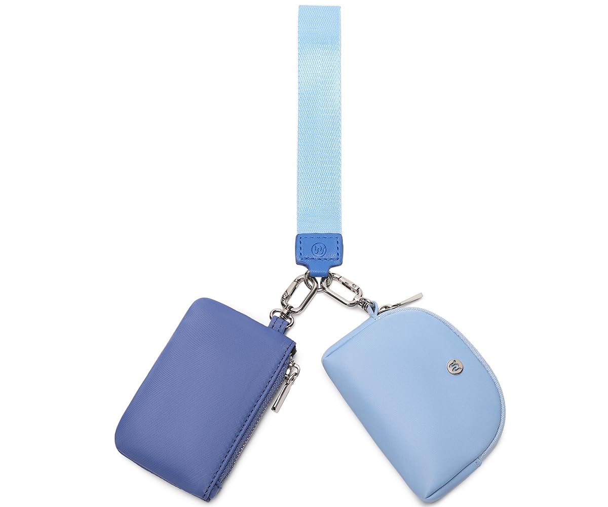 WSRYDJDL Mini Zip Around Wristlet Wallet for Women Detachable Dual Pouch Wristlet Portable Coin Pocket Keychain Small Purse (Blue)