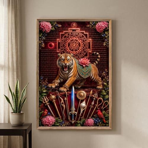 Image of Livin'luxe Durga Maa Tiger Yantra Wall Painting for Living Room Bedroom Pooja Room Decor with Premium Wooden Color Synthetic Frame, Spiritual Hindu Art Gift (13.5 x 19.5) NM01-4089