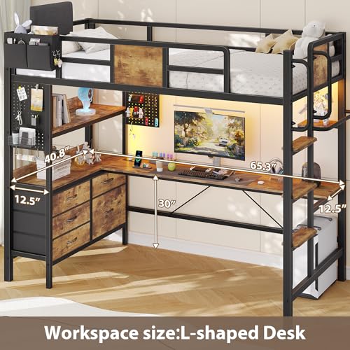 Image of Dnxao Loft Bed Twin Size with L-Shaped Desk and 5 Storage Drawers, LED Metal Twin Loft Bed for Teens & Adults, Space-Saving Workstation with Charging Station for Small Bedroom & Dorm, Rustic Brown