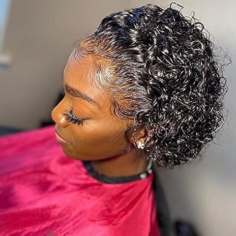Brazilian Curly T Part Wigs 4x4 Lace Front Wigs Human Hair Curly Pixie Cut Wigs 150% Density Msgem 6 inch Curly Lace Closure Wig Short Cut Bob Wig Pre Plucked with Baby Hair for Black Women Cover