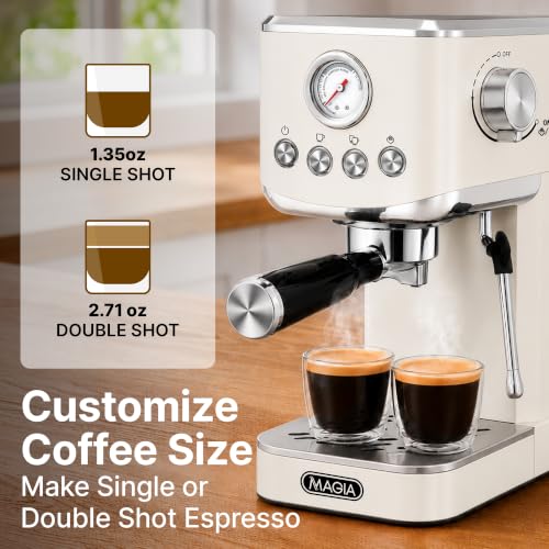Image of Zulay Kitchen Magia Compact Espresso Machine - 20 Bar Coffee Maker with Milk Frother Steam Wand, Latte & Cappuccino Maker, 1350W Fast Heating, 40oz Removable Water Tank, Stainless Steel - Cream