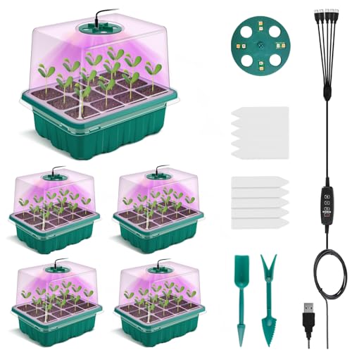 Neu Zeitgesteuert 5 Stück Mini Gewächshaus Anzuchtset, mit Timing-Controller einstellbare Helligkeit, ollem Spektrum, Zimmergewächshaus Anzucht Kasten mit Deckel und Belüftung,10 Etiketten,2 Werkzeuge