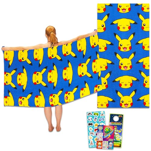 Pokemon Beach Towel Set - Bundle with 27x54 Pikachu Pool Towel Plus Stickers and More | Pokemon Pikachu Beach Towel for Kids and Adults