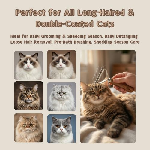 Cat Dematting Comb for Long Haired Cats, 2-in-1 Undercoat Rake for Mats, Tangles & Loose Fur, Double-Sided Grooming Tool