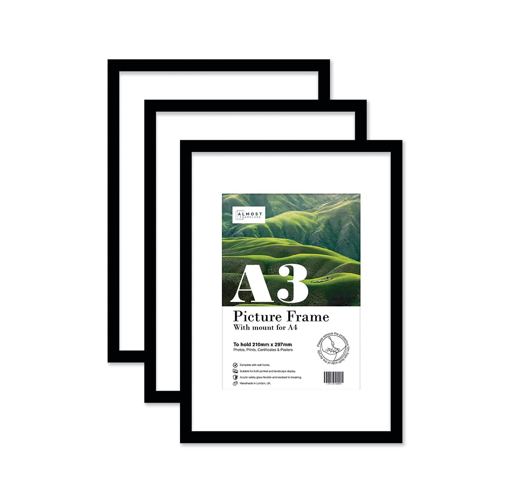 Almost Frameless A3 Black Picture Frame Set of 3, Display A4 Pictures with Mount or A5 Without Mount Gallery Wall, Poster, Photo, Artwork, or Print, Black