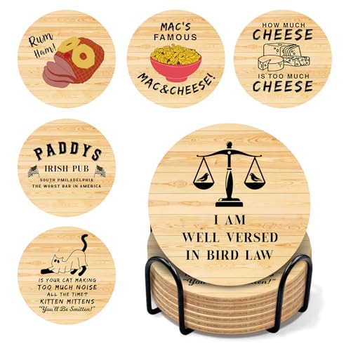 Guokoko Always Sunny in Philadelphia Coasters Set of 6 with Holder, Funny TV Show Merchandise for Fans, Cork Drink Coasters for Coffee Table Home Decor