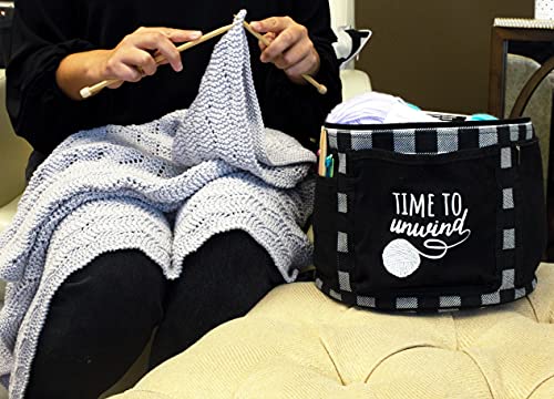 Steel Mill & Co Yarn Tote, Stylish Knitting Bag, Large Capacity Organizer For Knitting & Crochet Supplies, Craft Tote With Yarn Divider And Pockets For Hooks & Needles, Black Gingham #TOP7