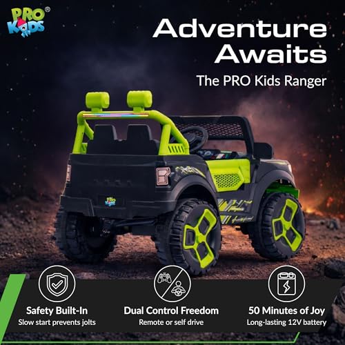 Image of PRO KIDSRanger 12V Battery Operated Jeep for Kids with Remote Control, Bluetooth, USB & AUX | Ride-On Electric Car with LED Lights, Music & Seat Belt | Boys & Girls (1-8 Years)