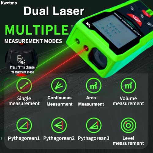 Image of Kwetmo Laser Measuring device-70 Mtr Outdoor, Green-Beam Dual Laser Distance Meter-Digital Distance Measurement Laser Machine, IP54 Waterproof Large LCD Backlit, Pythagorean Mode 70Mtr