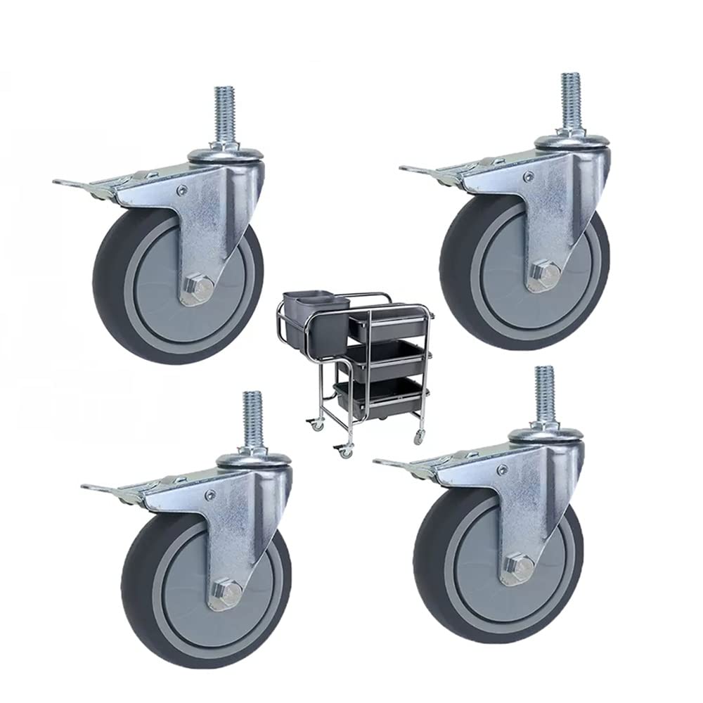 GBRJUYF M12 Universal Furniture Casters, 75mm Quiet Rubber Wheels with Threaded Stem, Replacement Rolling Wheels for Carts & Bathroom Shelves (Color: 4 with Brake, Size: 3in/75mm)